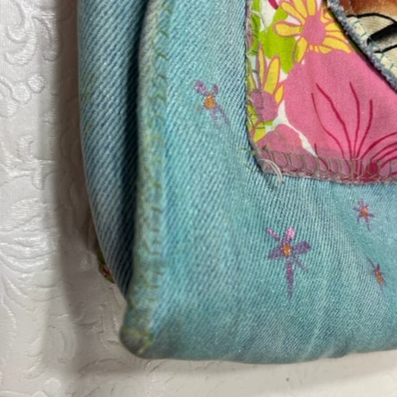 Handmade in The Keys Jean Floral Fabric Applique Girl Hobo Tote Bag Large 13x13" - Picture 11 of 15